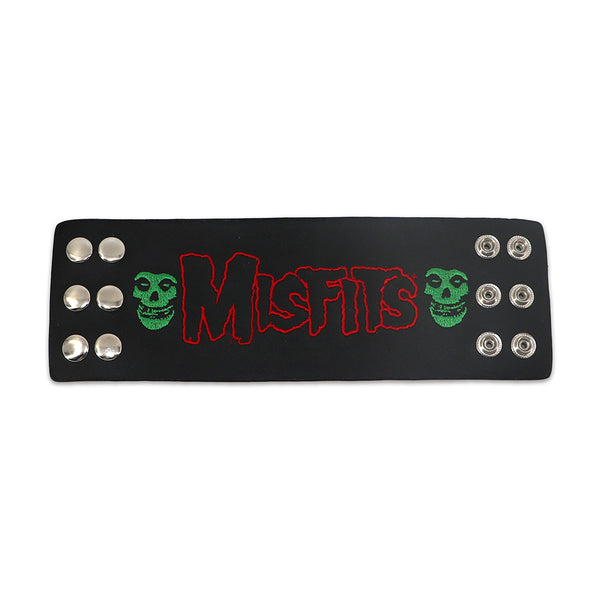 MISFITS LEATHER STUDDED EMBROIDERED FIEND SKULL AND LOGO SNAP ON WRISTBAND
