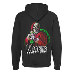 Black zip hoodie featuring Misfits skeleton Santa design on the back