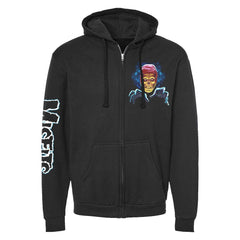 Black zip-up Misfits Resurrection Fiend hoodie with colorful skull graphic and sleeve text