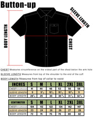 Black button-up short sleeve shirt with size chart for Misfits Plaid Short Sleeve