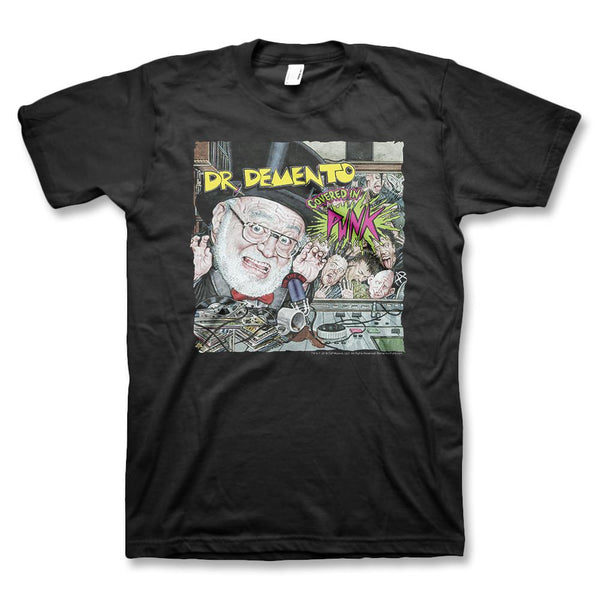 Black t-shirt with colorful Dr. Demento Covered in Punk design by Drew Friedman