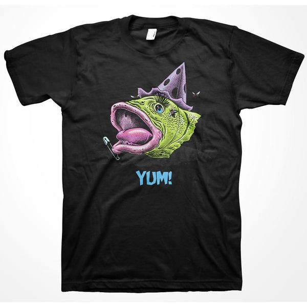 Black t-shirt with colorful cartoon lizard and yum fish head graphic design