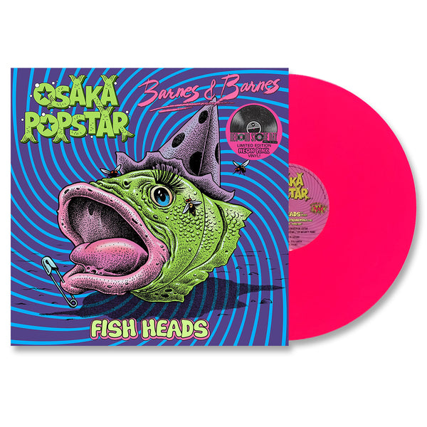 Bright pink vinyl record by Osaka Popstar with cartoon fish heads album cover art