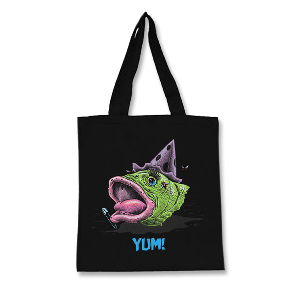 Black tote bag with Yum Fish Head illustration and colorful fish creature design