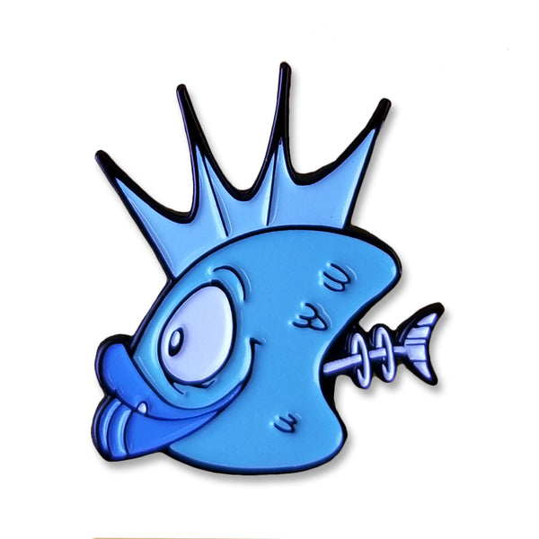 Cartoon blue fish heads toon enamel pin with spiky hair and fishbone in mouth