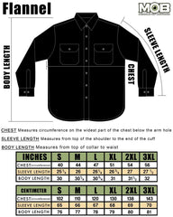 Black long sleeve flannel shirt diagram with size measurements for Misfits Grey & Black
