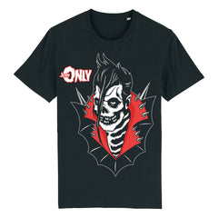 Black t-shirt with skull character and red accents from JERRY ONLY Anti-Hero Deluxe CD Bundle