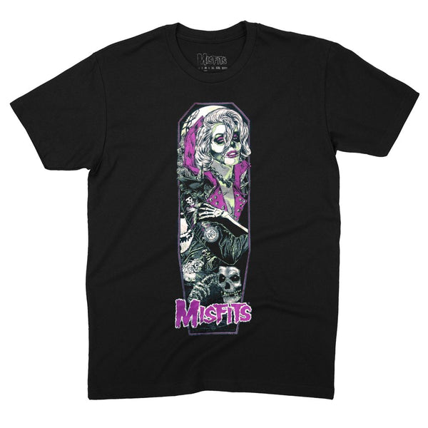 Black Women’s Tee featuring Gothic skeleton design and Misfits logo, perfect for Ghoul Fiend fans