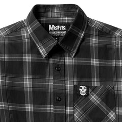 Black and gray plaid short sleeve shirt featuring Misfits skull emblem on pocket