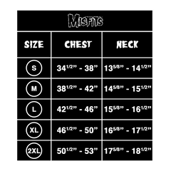 Size chart for Misfits embroidered fiend skull work shirt showing chest and neck measurements