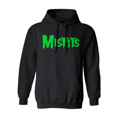 Black pullover hoodie with green Misfits text and fiend skull design, limited edition