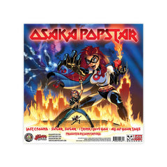 Album cover of Osaka Popstar Ear Candy featuring a cartoon character with weapons in flames
