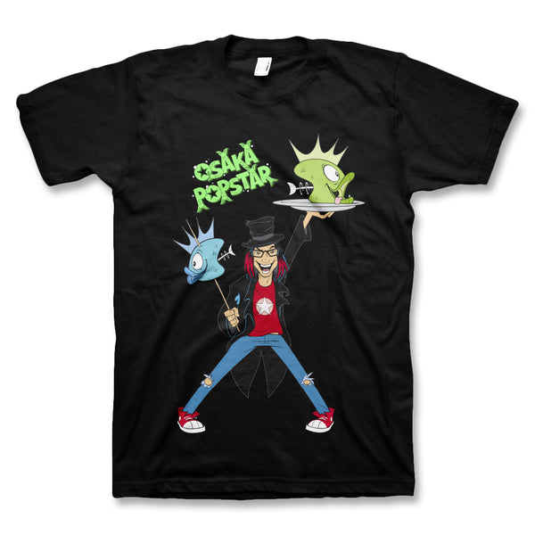 Black Osaka Popstar Fish Heads T-shirt featuring a cartoon character with creatures