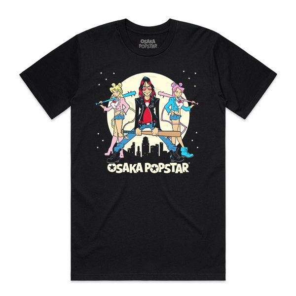 Black Osaka Popstar Bat Moon Tee with colorful cartoon graphic and text design