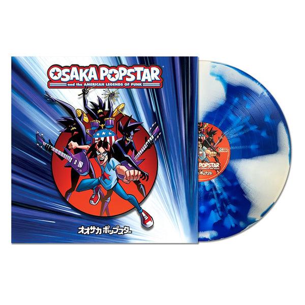 Vinyl LP of Osaka Popstar with colorful anime art and blue-and-white marbled disc