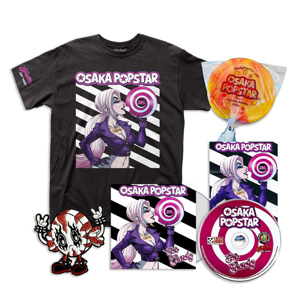 Black t-shirt with colorful anime character and Osaka Popstar text from Ear Candy Deluxe CD Bundle