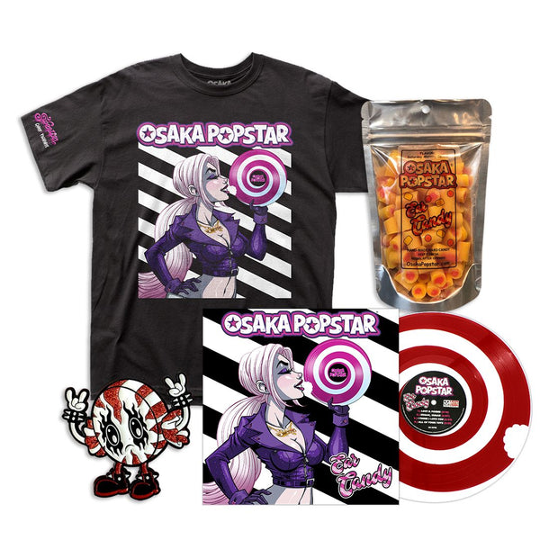 Merchandise collection featuring Osaka Popstar Ear Candy design on vinyl and t-shirt