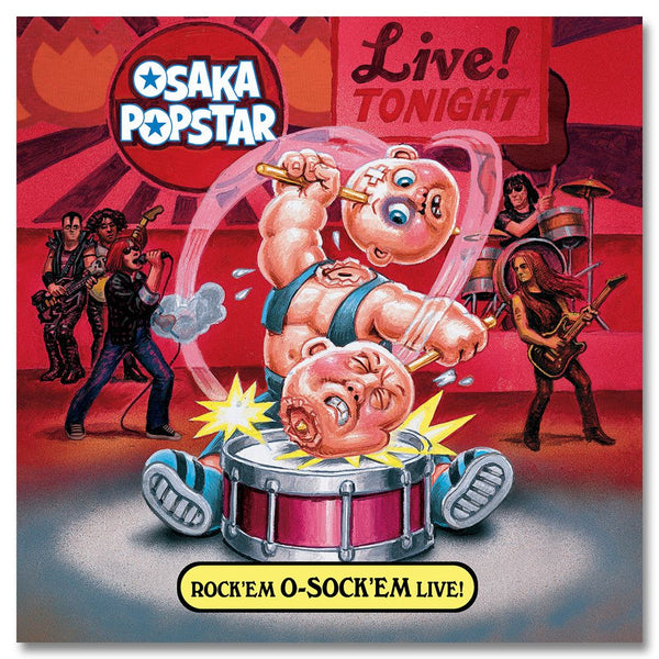Cartoon baby bursts from drum, surrounded by music in Osaka Popstar Rock CD cover