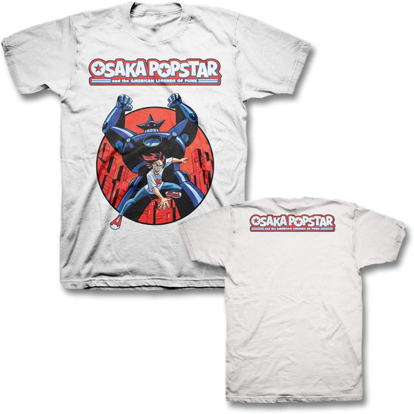 White Osaka Popstar Robot T-Shirt featuring colorful cartoon graphic design