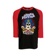 Baseball-style t-shirt featuring Osaka Popstar design with cartoon pirate skull