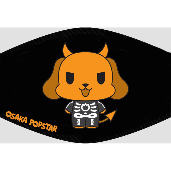 Face mask featuring a cartoon dog in a Skeleton Suit Devil costume with horns