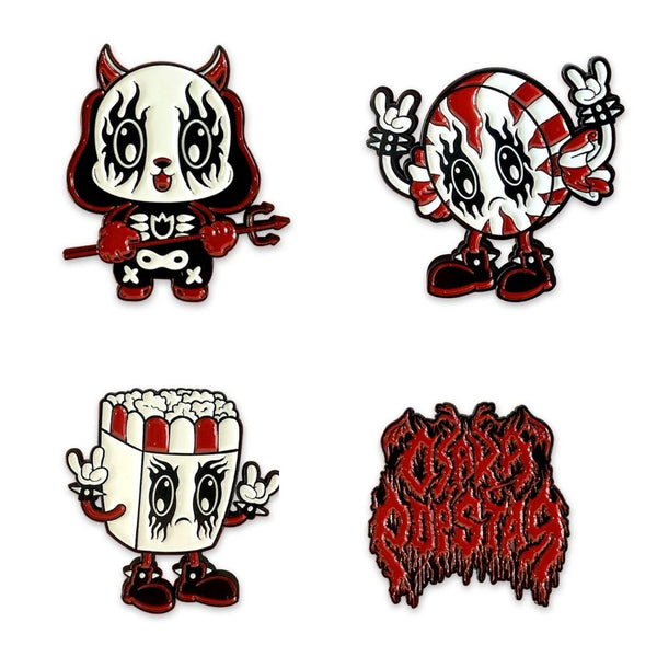 Kawaii Black Metal Set of 4 Enamel Pins featuring whimsical cartoon characters and flames