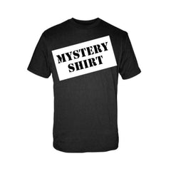 Black T-shirt with MYSTERY SHIRT print from Osaka Popstar Anime Speed-Line Splatters