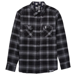 Black and gray plaid long sleeve flannel shirt with chest pockets for versatile style