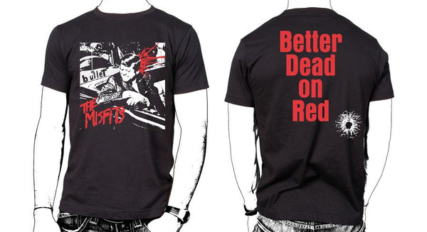 Black tee featuring graphic designs on front and back of Misfits Bullet Black Tee