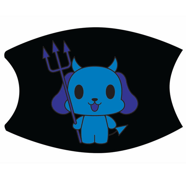 Cartoon devil character with trident on Blue Devil Dog Pitch Fork Face mask background