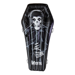 Inflatable coffin-shaped Misfits pool float with skeleton design and logo