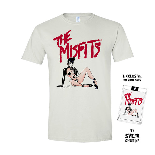 White tee featuring The Misfits logo and a cartoon woman with trading card design